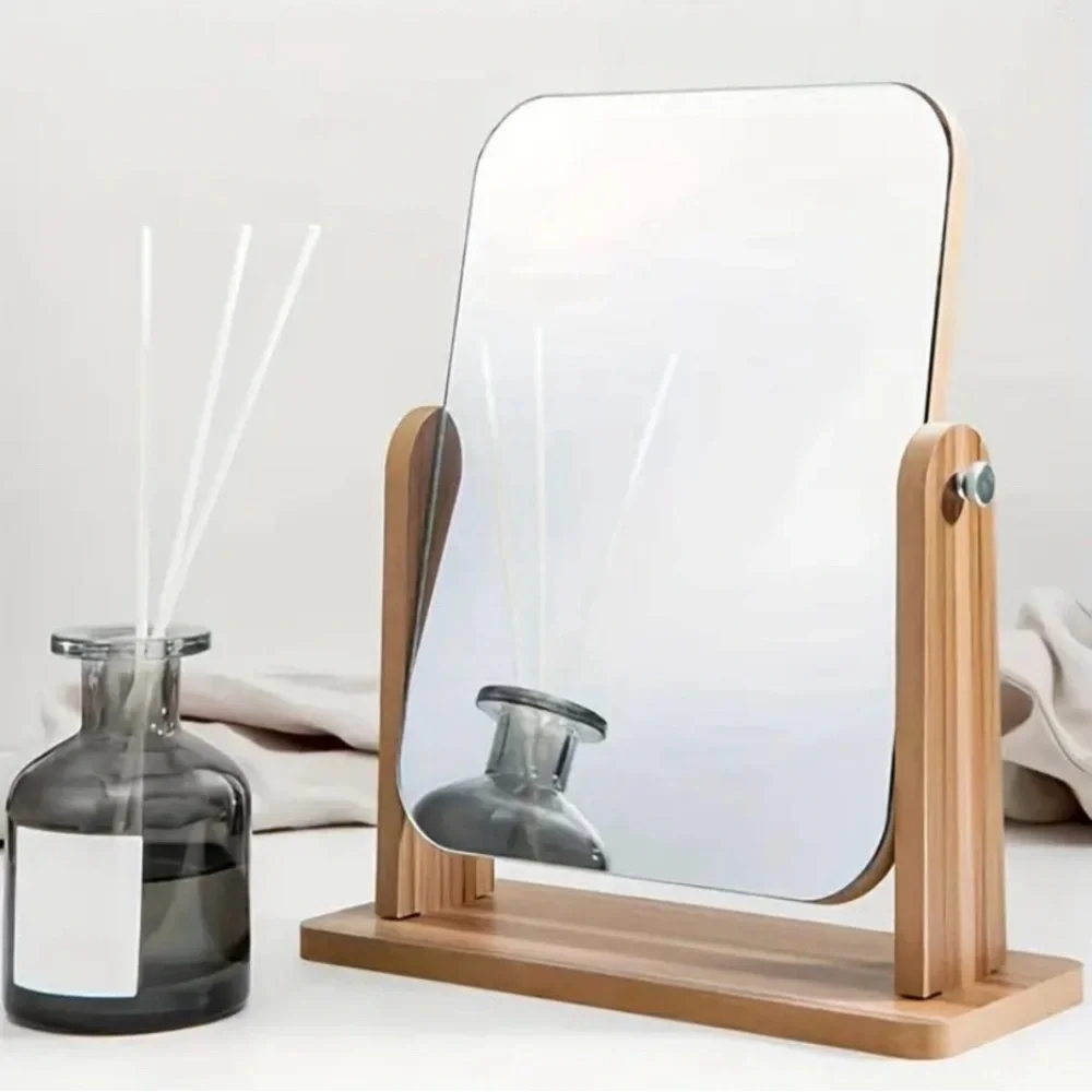 Rotating Vanity Makeup Mirror with Wooden Stand, For Daily Skincare & Makeup